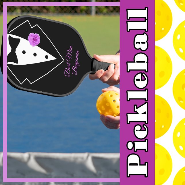 Palas De Pickleball Esmoquin negro con flor de lavanda personalizado (Black Tuxedo with Lavender Flower Personalized Pickleball Paddle to Personalize)