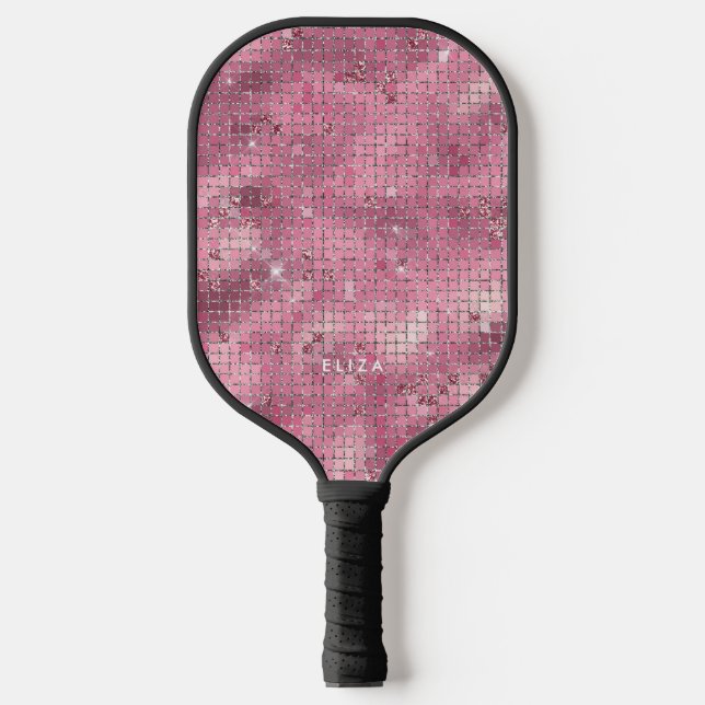 Palas De Pickleball Espejo disco rosado retro | Monograma (Anverso)