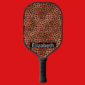 Palas De Pickleball Estampado de leopardo rojo y dorado personalizado