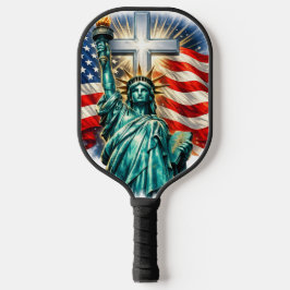 Palas De Pickleball Estatua de la Libertad con banderas y cruz