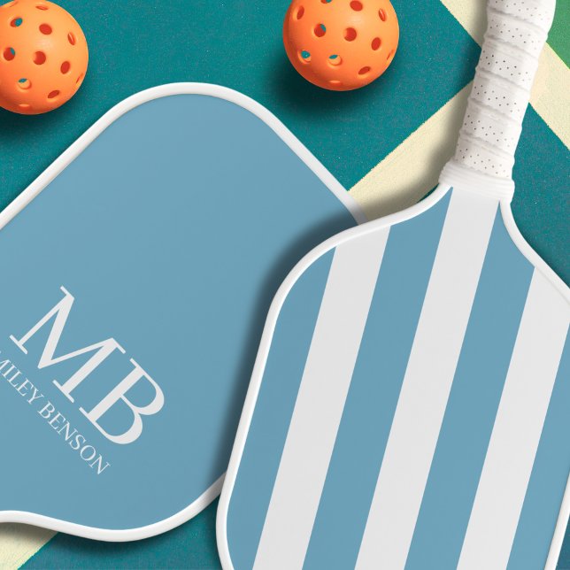 Palas De Pickleball Estética Country Club Bandas Azules Monograma Cupo (Old money personalized pickleball paddle)