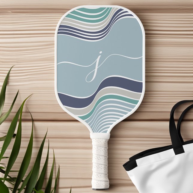 Palas De Pickleball Estilo Script Monograma Resumen Onda Azul Retro (Stylish Script Monogram Abstract Retro Blue Wavy Pickleball Paddle)