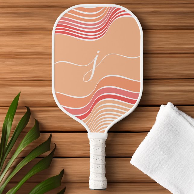 Palas De Pickleball Estilo Script Monograma Resumen Onda Rosa Retro (Stylish Script Monogram Abstract Retro Pink Wavy Pickleball Paddle)