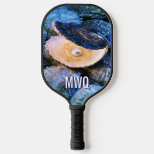 Palas De Pickleball Estiloso Monograma de Perla de Ostra Azul