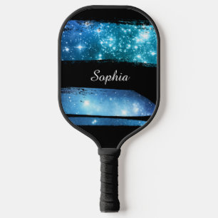 Palas De Pickleball Estrellas azules de pincel, nombre de guión blanco