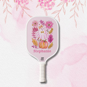 Palas De Pickleball Fantasma de Halloween Rosa Pastel con Nombre Perso