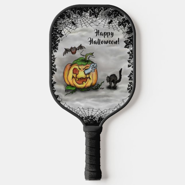 Palas De Pickleball Fantasma, Gato, Bat y Calabaza, ¡Feliz Halloween! (Anverso)