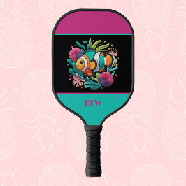 Palas De Pickleball Faux Embroidery Tropical Fish Blue Pink Monograma
