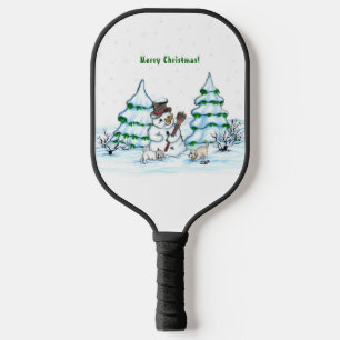 Palas De Pickleball ¡Feliz Navidad! Hombre de nieve con gato y cachorr