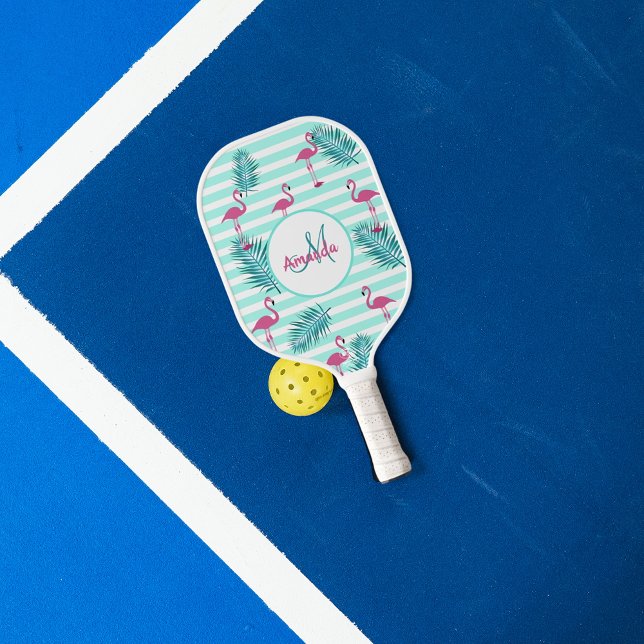 Palas De Pickleball Flamingo rosa de menta rayas verdes hojas de palma (Subido por el creador)
