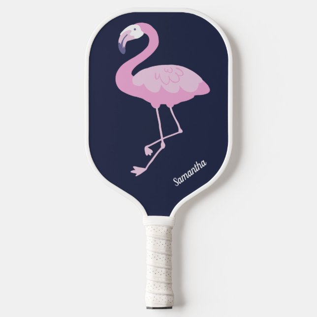 Palas De Pickleball Flamingo rosa lindo sobre azul oscuro con nombre (Anverso)