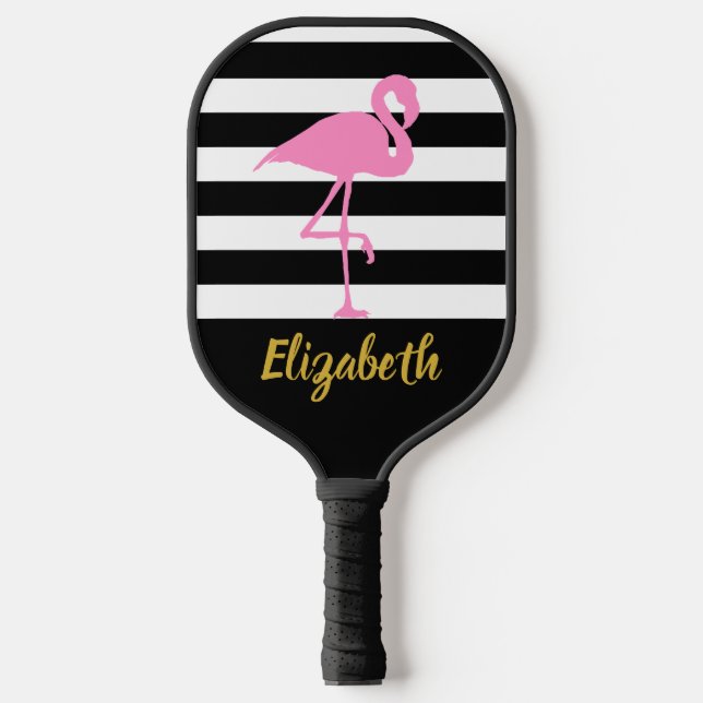 Palas De Pickleball Flamingo Rosa Nombre de guión dorado Bandas blanca (Anverso)
