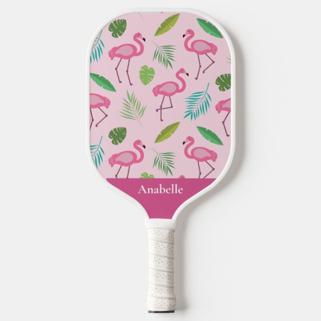 Palas De Pickleball Flamingo rosa y hojas tropicales personalizadas (Anverso)