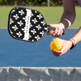 Palas De Pickleball Fleur de Lis, Blanco sobre Negro, Blanco, Tu Nombr