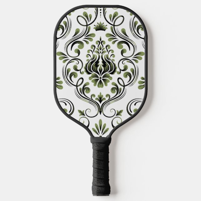 Palas De Pickleball Flor de Damasco blanco y negro verde sabio (Anverso)