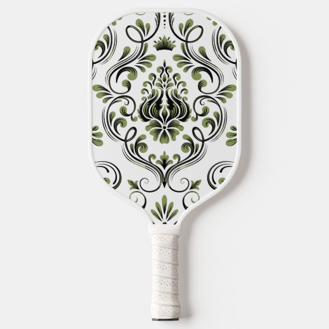 Palas De Pickleball Flor de Damasco blanco y negro verde sabio (Anverso)