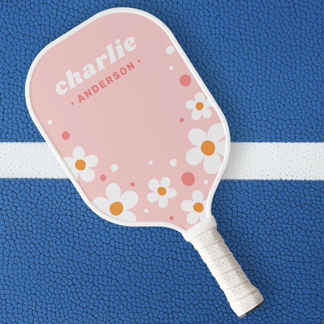 Palas De Pickleball Flor de fresa suave retro nombre fuente de luz ros (Cute strawberry blossom retro font name light pink pickleball paddle)
