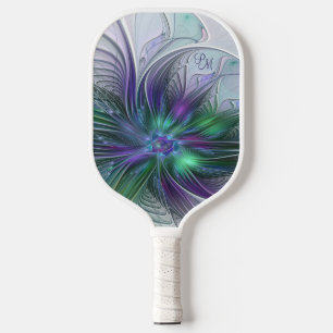 Palas De Pickleball Flor Moderna Abstracta Iniciales Verde Púrpura