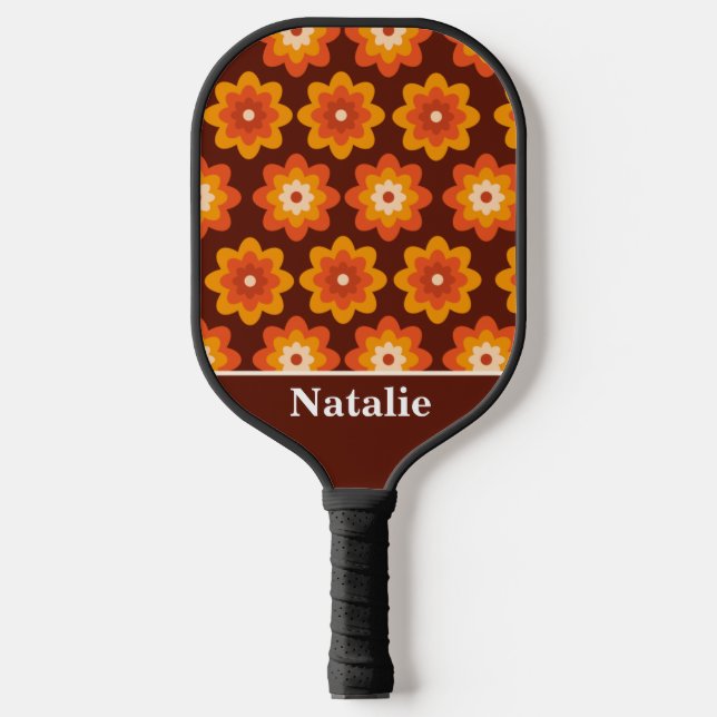 Palas De Pickleball Flor naranja hippie retro de Groovy de los años 70 (Anverso)