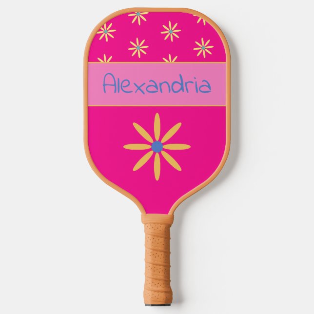 Palas De Pickleball Flor retro Nombre personalizado rosa caliente (Anverso)
