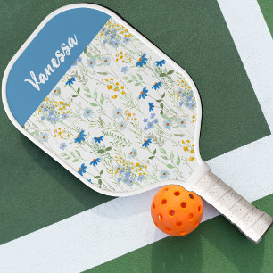 Palas De Pickleball Flor silvestre acuarela azul nombre personalizado