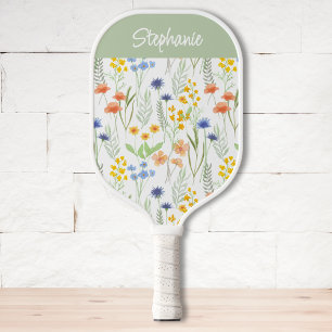 Palas De Pickleball Flor silvestre acuarela naranja verde con nombre p