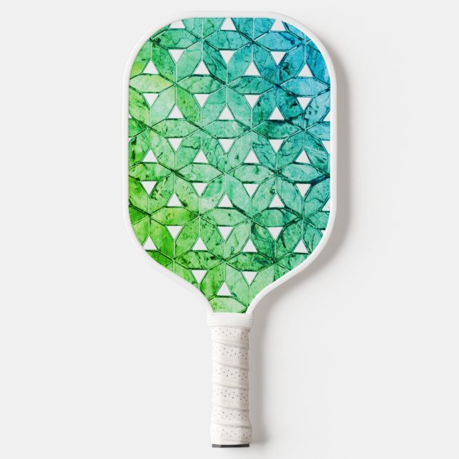 Palas De Pickleball Flor verde azulada de mosaico verde de la vida geo (Anverso)