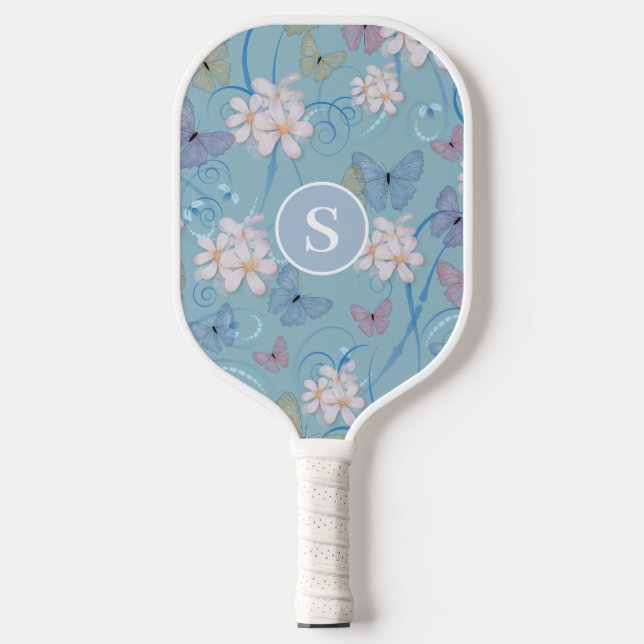 Palas De Pickleball Flora de mariposa azul monogramo (Anverso)