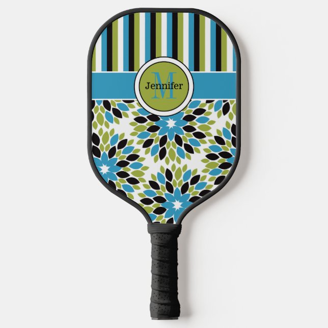 Palas De Pickleball Floral abstracta personalizada, franjas, monograma (Anverso)