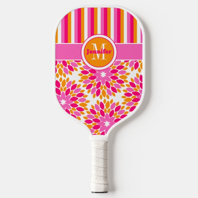 Palas De Pickleball Floral abstracta personalizada, franjas, monograma (Anverso)