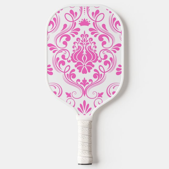 Palas De Pickleball Floral adamascada blanca y rosa caliente (Anverso)