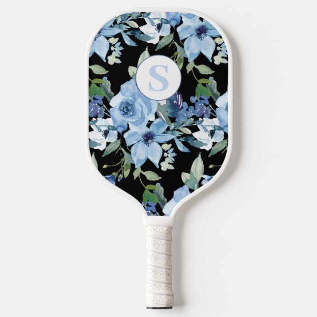 Palas De Pickleball Floral azul Monograma Paddle (Anverso)