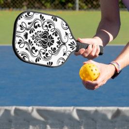 Palas De Pickleball Floral de damasco blanco y negro