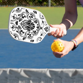 Palas De Pickleball Floral de damasco blanco y negro