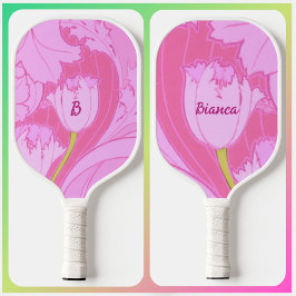 Palas De Pickleball Floral de tulipanes rosados con nombre e iniciales