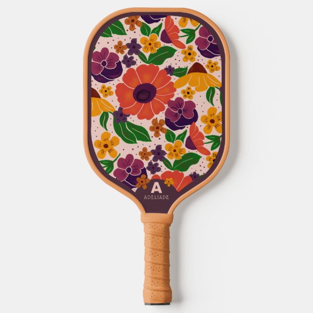 Palas De Pickleball Floral Pattern Monogram Pickleball Paddle (Anverso)