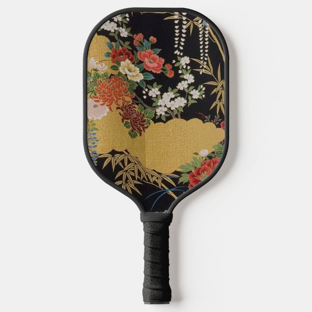 Palas De Pickleball Floral tradicional japonesa de kimono negro y dora (Anverso)