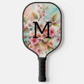 Palas De Pickleball Floral watercolor monogram pink cherry blossoms 
