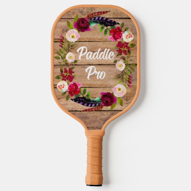 Palas De Pickleball Florales borgoñosos, plumas, remo de madera (Reverso )