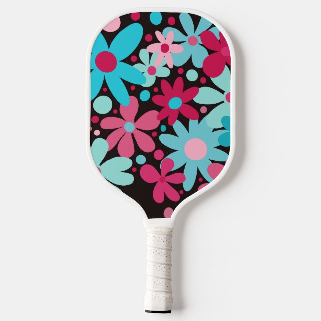 Palas De Pickleball Flores abstractas, funky rosa y azul (Reverso )