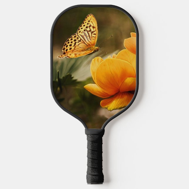 Palas De Pickleball Flores amarillas profundas brillantes con mariposa (Anverso)