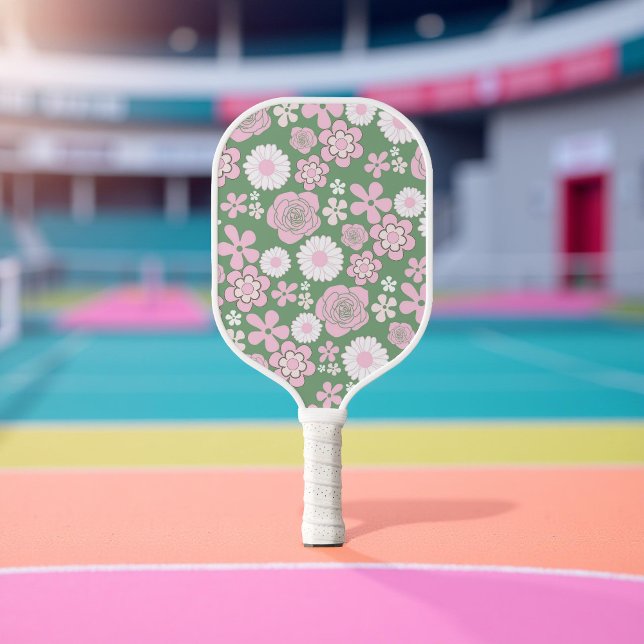 Palas De Pickleball Flores Botánicas Boho Floral Vibrante Verde y Rosa (Subido por el creador)