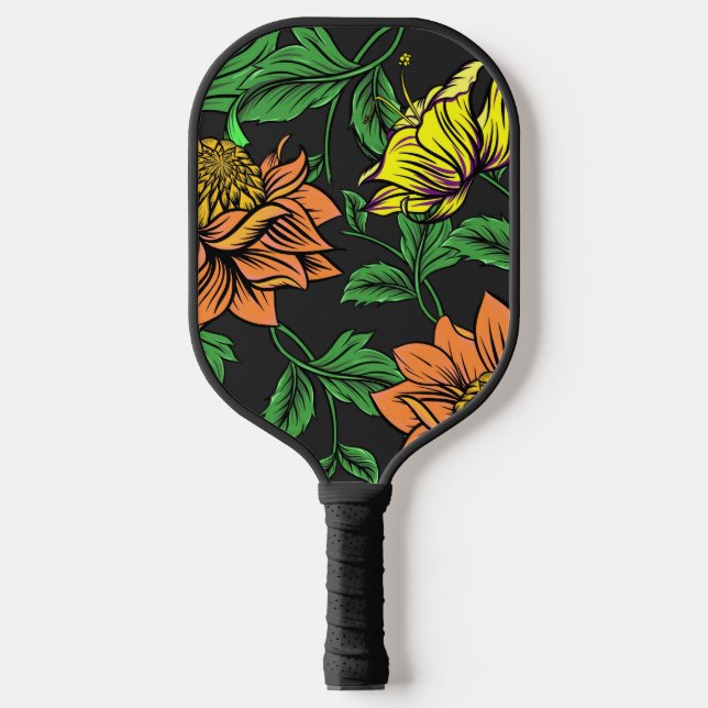 Palas De Pickleball Flores brillantes pop de fondo negro (Anverso)