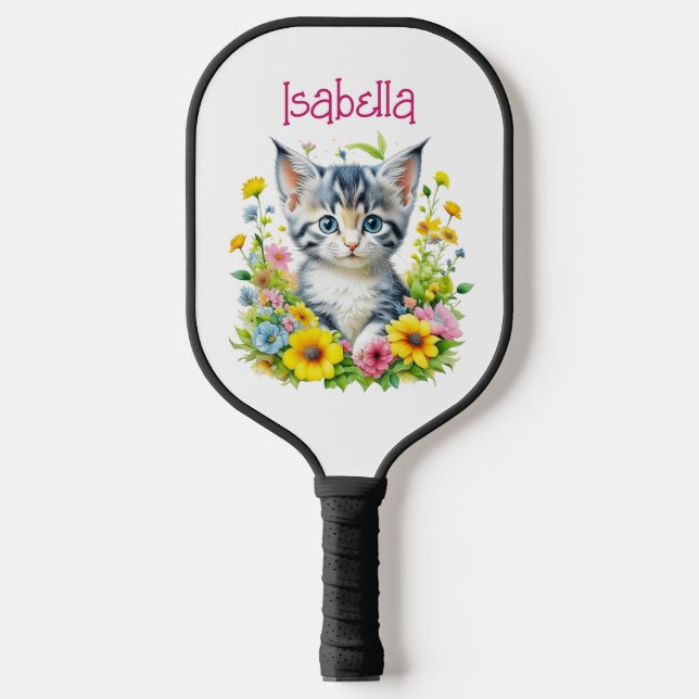Palas De Pickleball Flores de gatito acuarela personalizadas (Anverso)