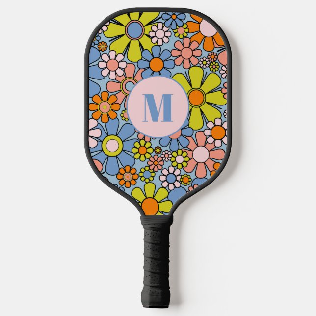 Palas De Pickleball Flores de jardín retro Groovy inicial floral de lo (Reverso )