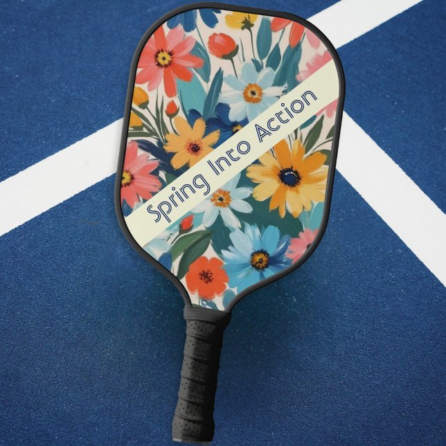 Palas De Pickleball Flores de primavera coloridas monogramadas (A floral pickleball paddle with 'Spring Into Action' words, and monogram on the reverse side)