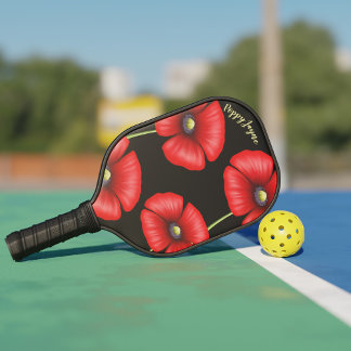 Palas De Pickleball Flores elegantes de adormidera roja nombran negro 