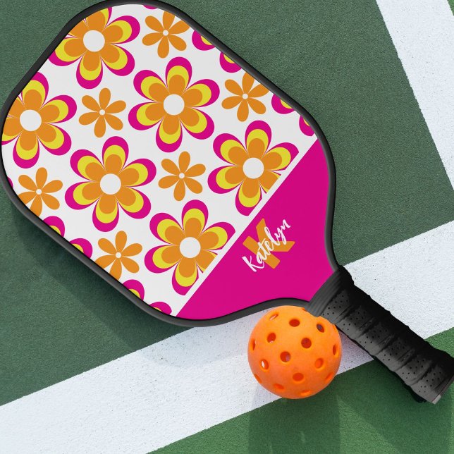 Palas De Pickleball Flores Groovy del Naranja rosado monograma (Subido por el creador)