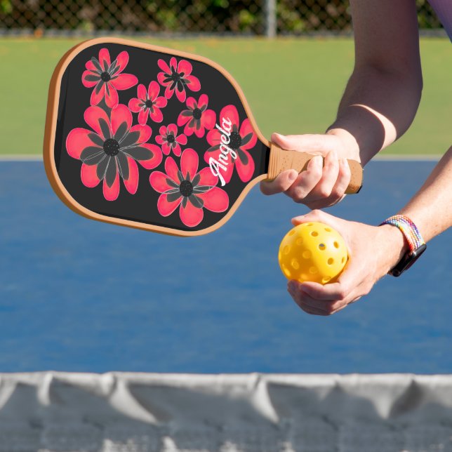 Palas De Pickleball flores rojas en negrita en negro personalizarlo (in situ)