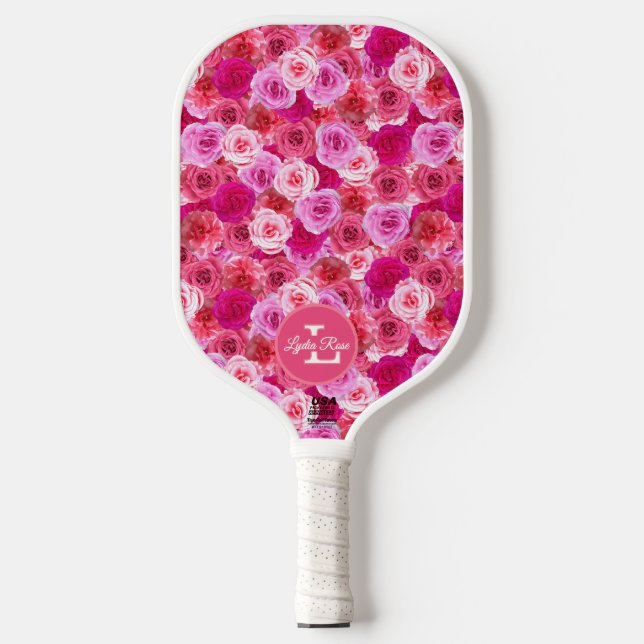 Palas De Pickleball Flores rosas en tonos rosados personalizadas (Anverso)